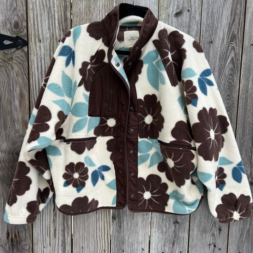 THREAD & SUPPLY RARE Brown Blue Floral Teddy Fleece Jacket Women’s Medium